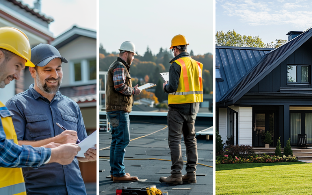 A roofing contractor discussing the scope of work of the roofing project with a customer, two roofers conducting an inspection on a commercial flat roof, and a residential house with metal roofing.