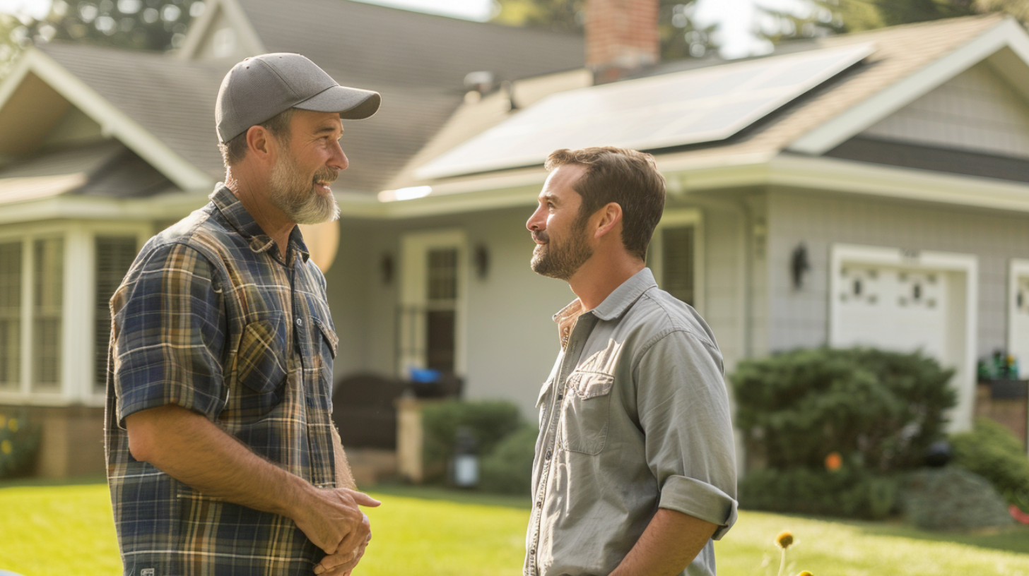 A contractor and home owner engaged in a conversation about solar roofing.