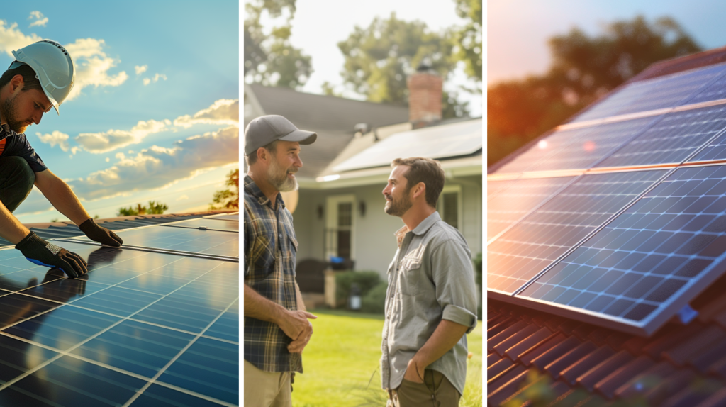 A professional roofer installing solar panels on the roof, a contractor and home owner engaged in a conversation, and an installed solar panel on a residential roof.