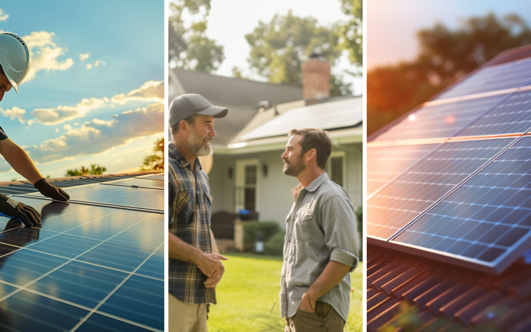 A professional roofer installing solar panels on the roof, a contractor and home owner engaged in a conversation, and an installed solar panel on a residential roof.