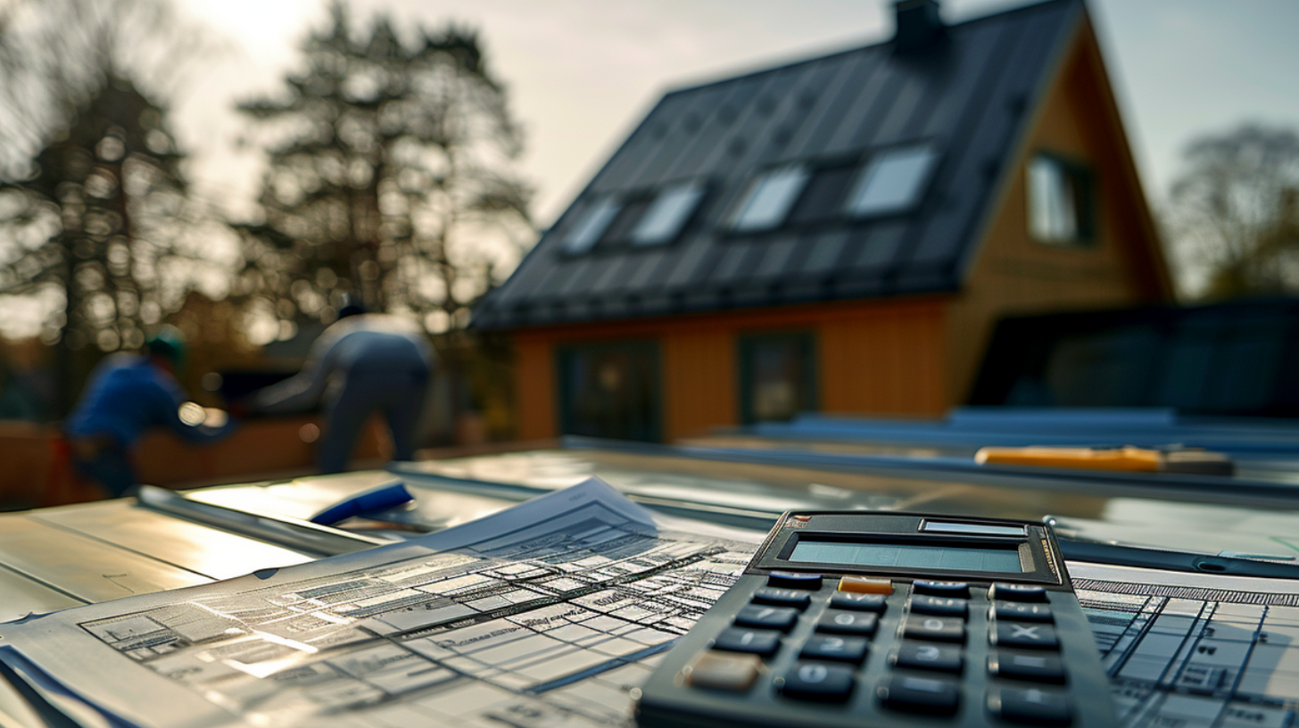 A scene of workers installing a new metal roof on a residential house.