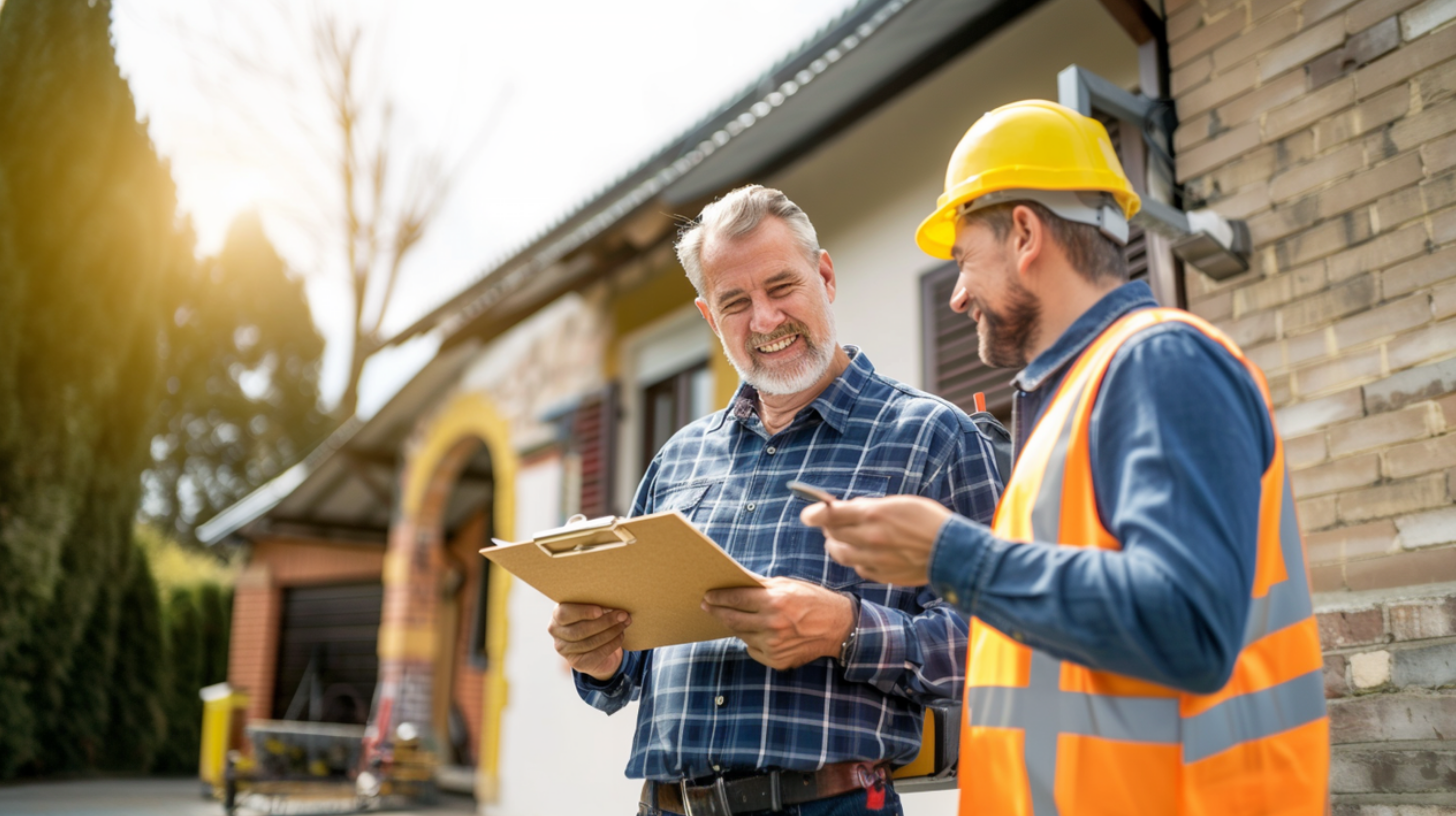 A roofing contractor discussing the details of the roofing contract with a customer.