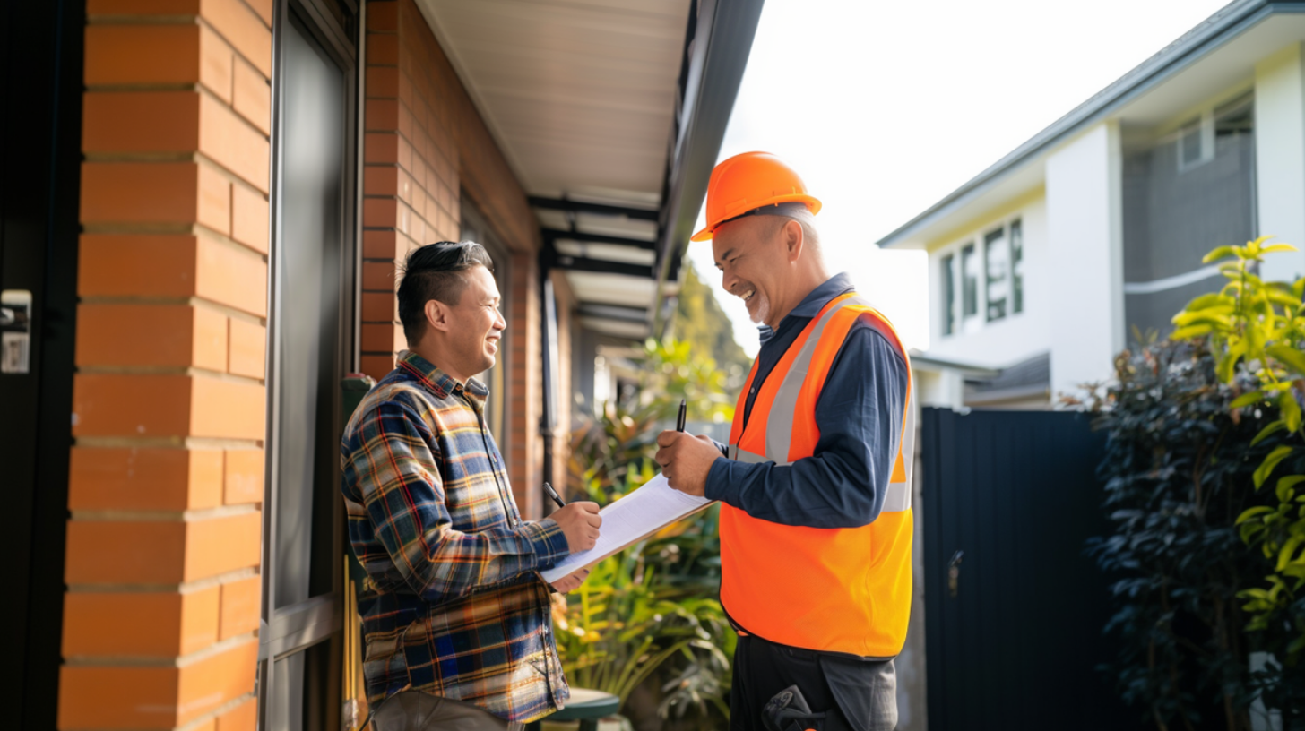 The roofing contractor stands by as the customer reviews and signs the roofing project contract.