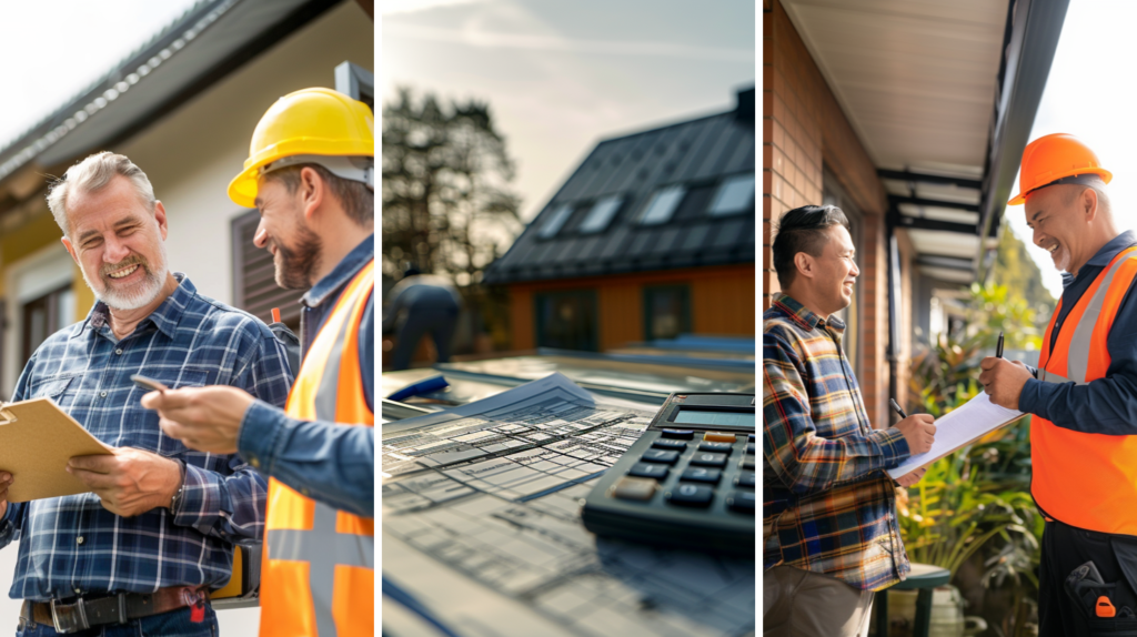 A roofing contractor discussing the details of the roofing contract with a customer, a scene of workers installing a new metal roof on a residential house, and the roofing contractor stands by as the customer reviews and signs the roofing project contract.