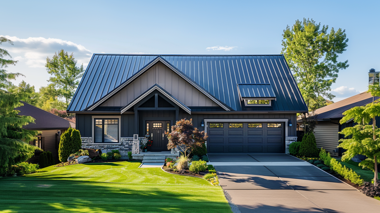 A residential house with metal roofing.