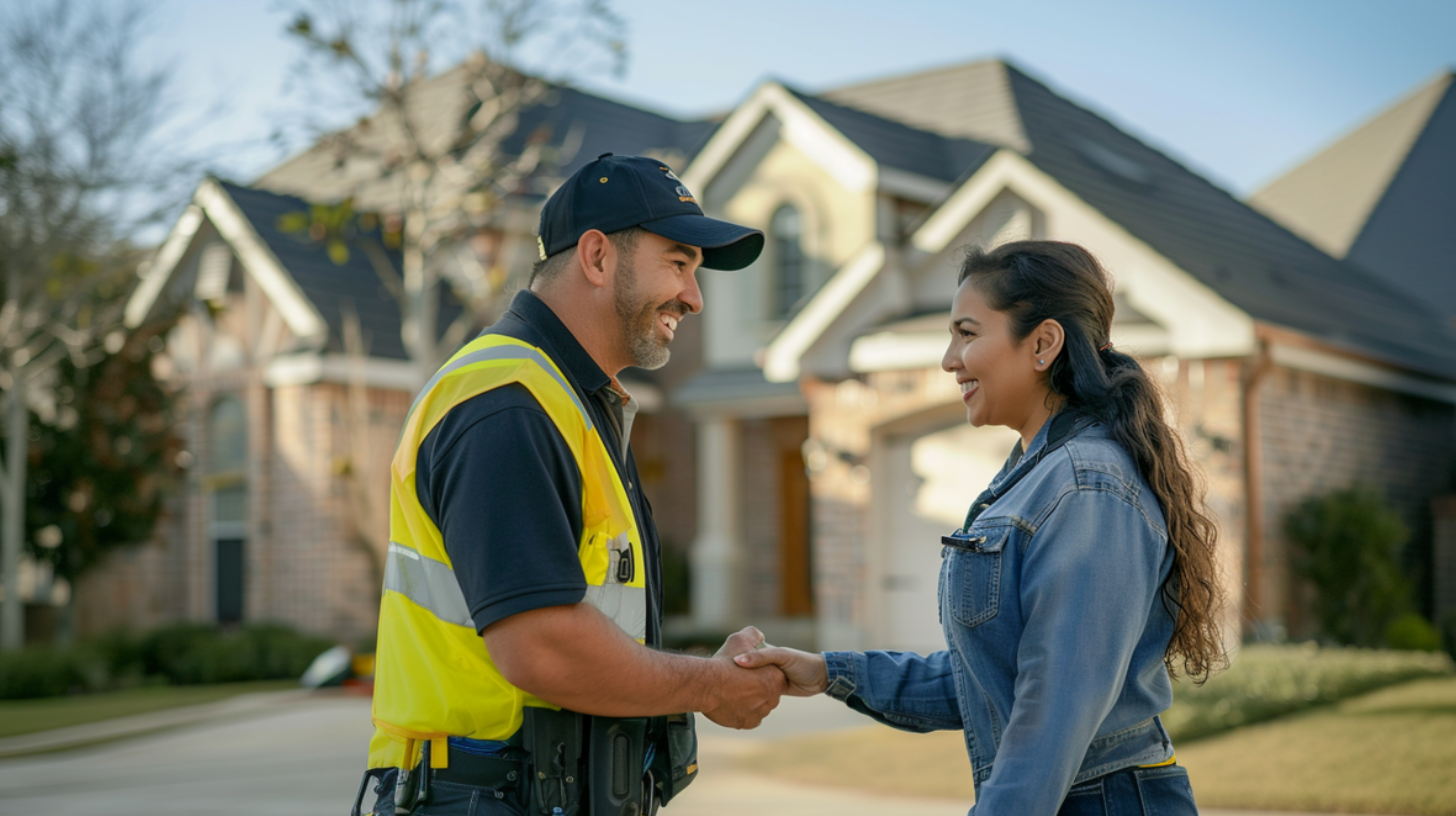 A male roofing contractor wearing a high-visibility vest is shaking hands to a female homeowner after agreeing on roofing warranties.