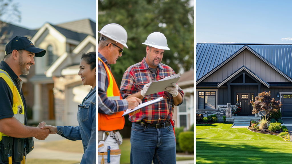 A roofing contractor shaking hands to a female homeowner after agreeing on roofing warranties, two roof contractors conducting a thorough inspection of a residential roof installation project to avoid issue on the workmanship warranty, and a residential house with metal roofing.