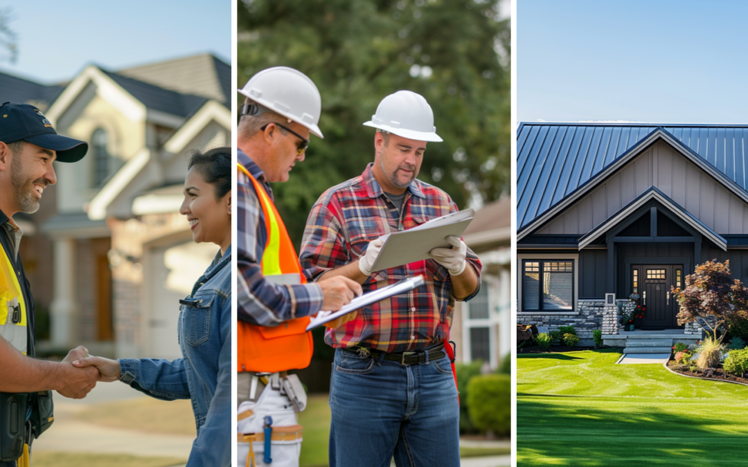 A roofing contractor shaking hands to a female homeowner after agreeing on roofing warranties, two roof contractors conducting a thorough inspection of a residential roof installation project to avoid issue on the workmanship warranty, and a residential house with metal roofing.