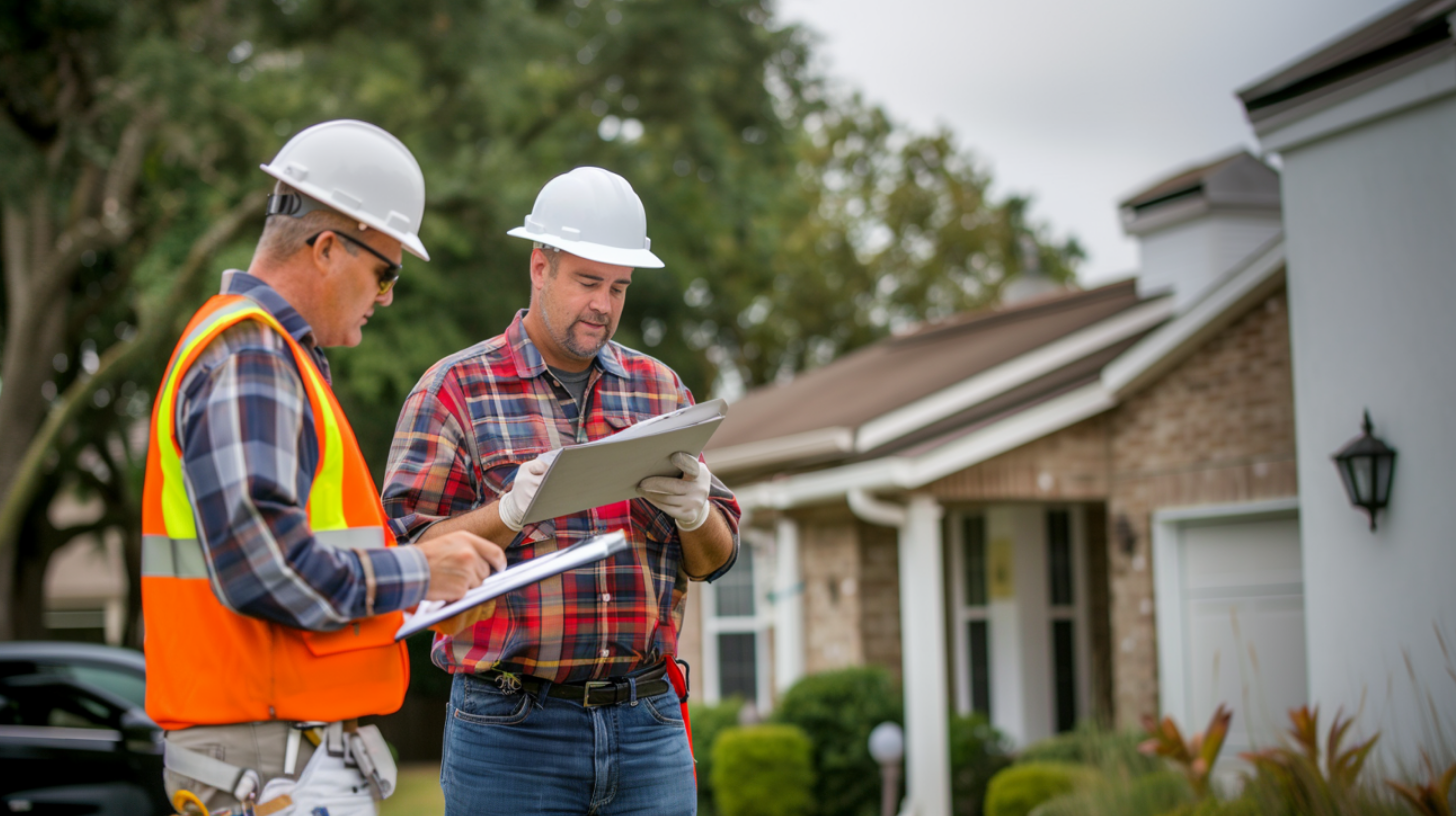 Two roof contractors conducting a thorough inspection of a residential roof installation project to avoid issue on the workmanship warranty.