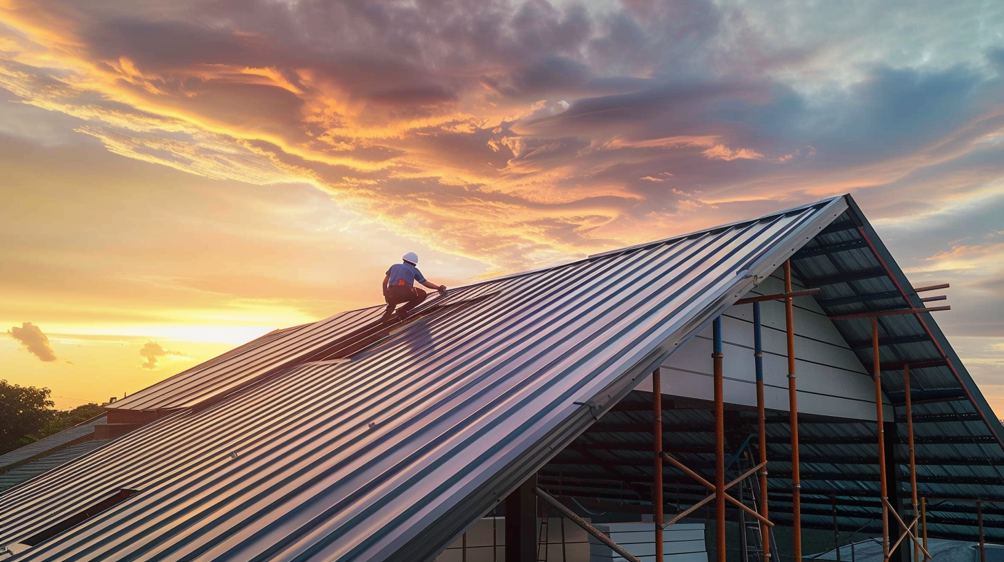 Two skilled roofing contractors, identifiable by their white hard hats and high-visibility vests, are admiring a newly installed asphalt shingles roof on a picturesque suburban home .