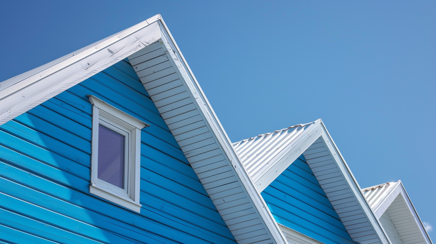 Two skilled roofing contractors, identifiable by their white hard hats and high-visibility vests, are admiring a newly installed asphalt shingles roof on a picturesque suburban home .