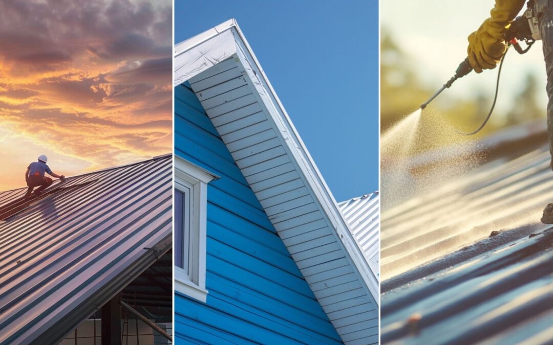 A roofer spraying a new coat of even and crisp paint layer on an old roof using a sprayer with long nozzle pointed on the roof, showing unpainted and painted side of the roof. a standing seam metal roof installed in a house roof, catch that the roof installed is new. A roofer wearing PPE is on a ladder next to the house working on the roof. a close-up image of a house with blue-painted walls and white roofs, emphasizing a 'cool roof' design.