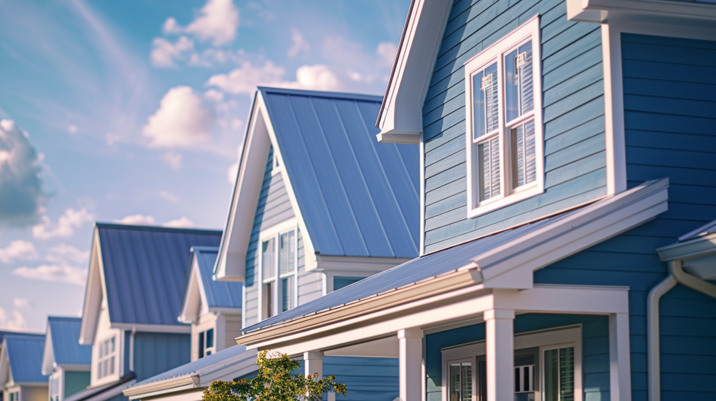 An American-style house with blue-painted walls and white roofs, emphasizing a 'cool roof' design.