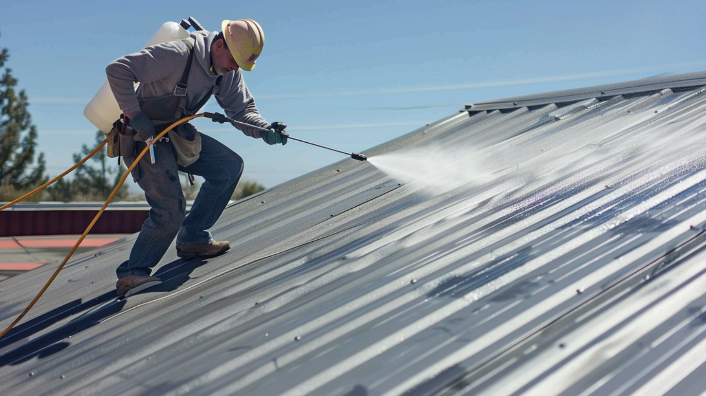 Roofer spraying a new coat of even and crisp paint layer on a metal roof.