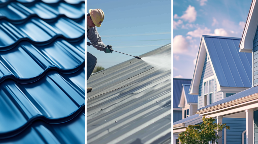 A blue colored galvanized steel tile roof, a roofer spraying a new coat of even and crisp paint layer on a metal roof, and American-style houses with blue-painted walls and white roofs, emphasizing a 'cool roof' design.