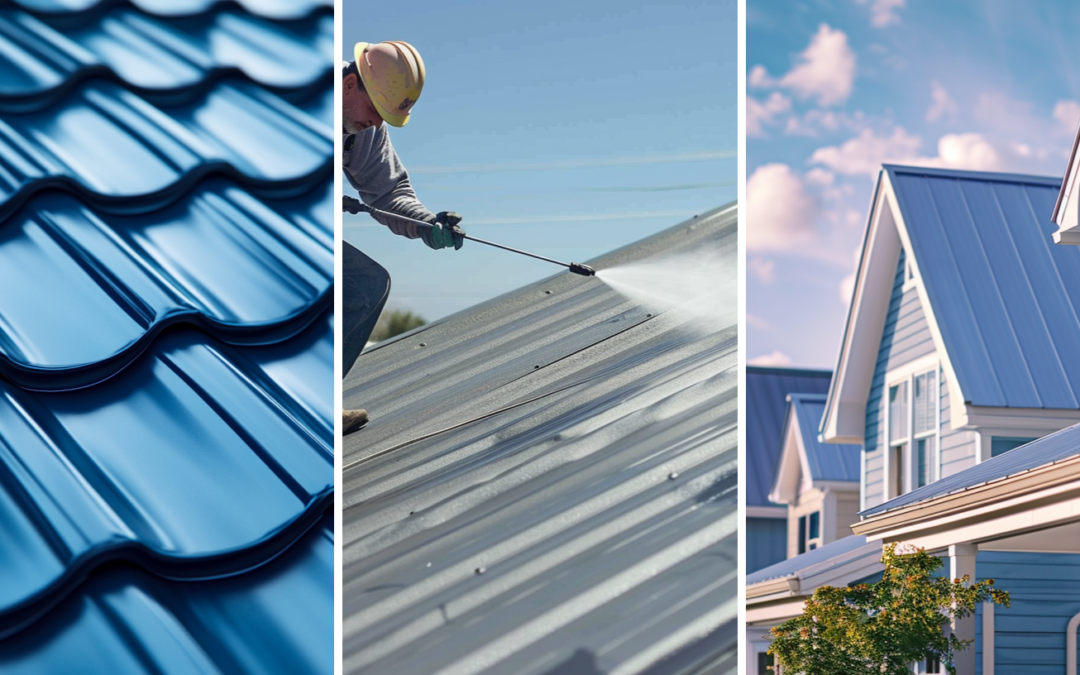 A blue colored galvanized steel tile roof, a roofer spraying a new coat of even and crisp paint layer on a metal roof, and American-style houses with blue-painted walls and white roofs, emphasizing a 'cool roof' design.