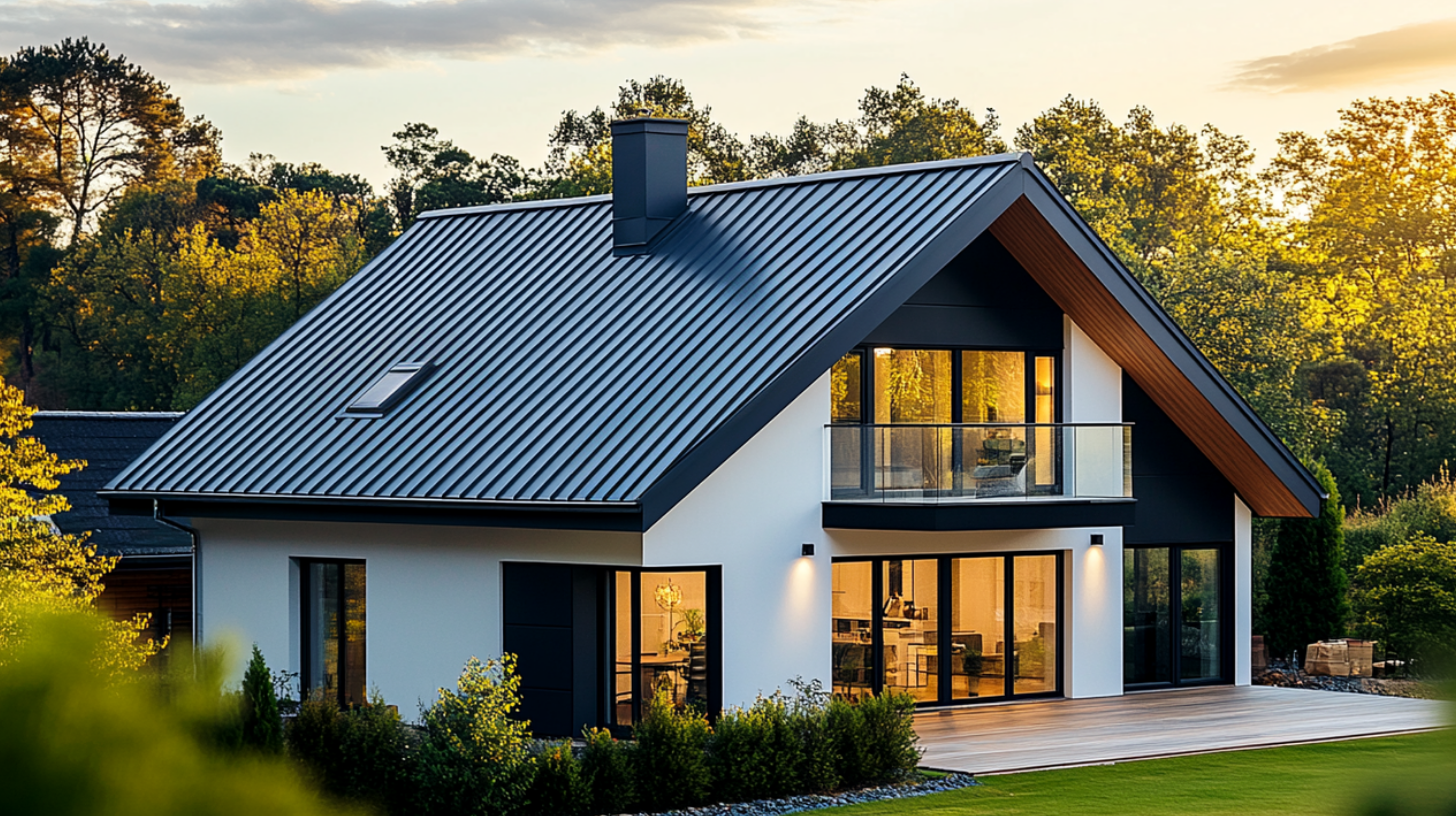 A residential house with metal roofing.