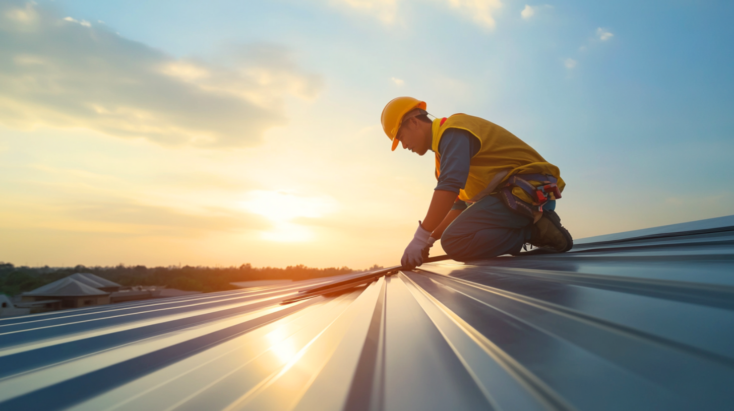 A professional roofer installing a metal roof.