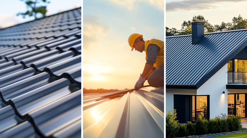 Top view of a modern house featuring a steel roof, professional roofer doing custom metal work on the roof, residential house with metal roofing and decorative elements, blending aesthetics with functionality.