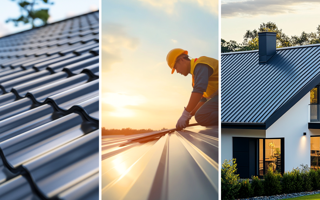 Top view of a modern house featuring a steel roof, professional roofer doing custom metal work on the roof, residential house with metal roofing and decorative elements, blending aesthetics with functionality.