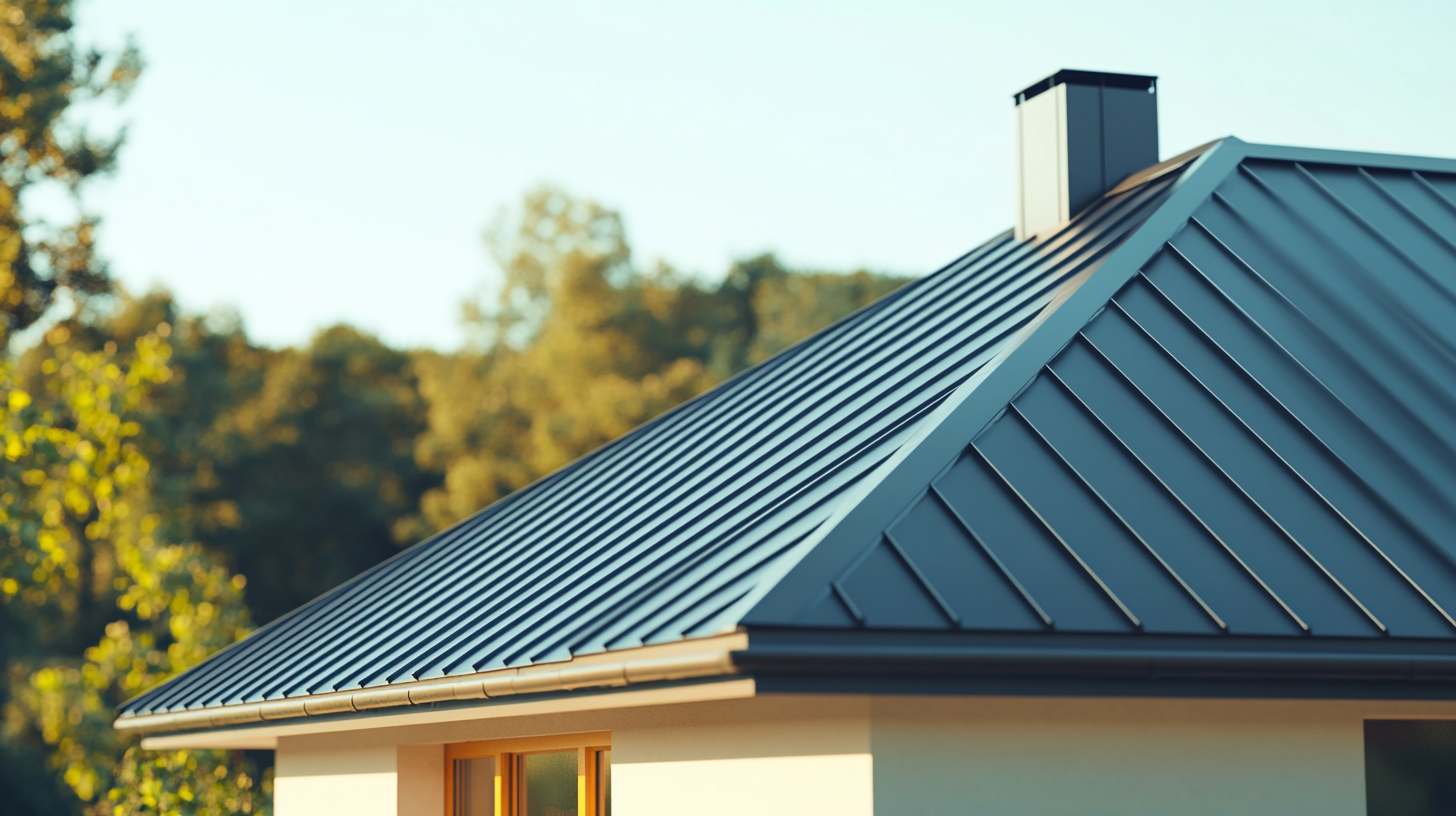 a standing seam metal roof installed in a house roof, wide shot including the whole house. catch that the roof installed is new