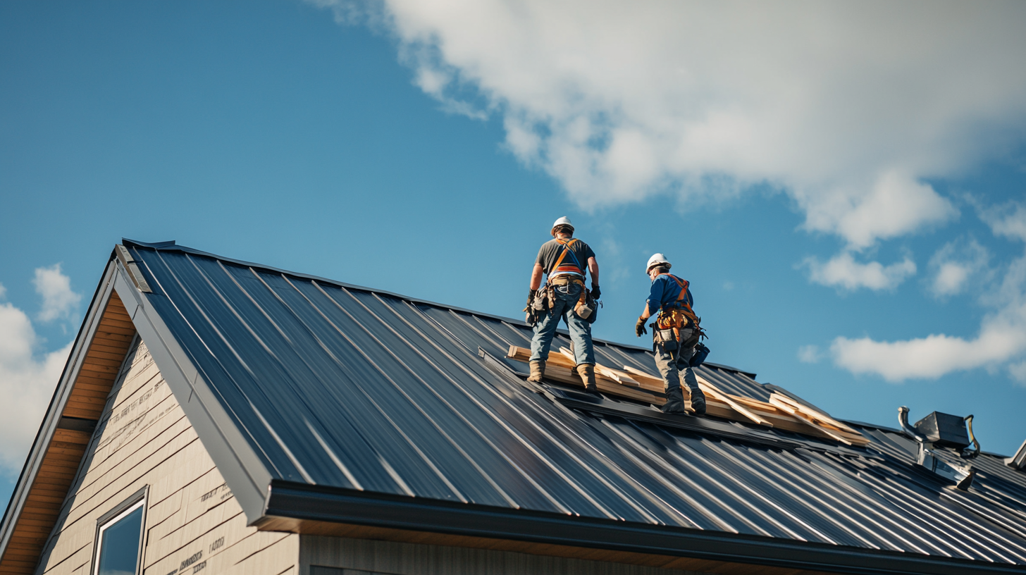 two roofers are doing a residential standing seam metal roof installation. The standing seam metal roof is clean and properly installed. The roofer is wearing the appropriate and complete safety gear.