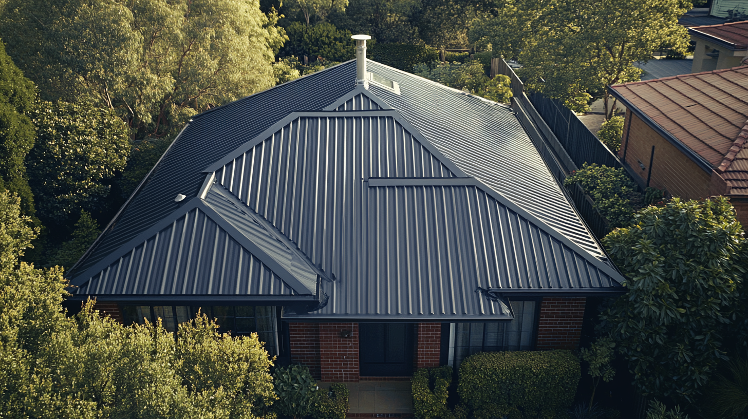 a standing seam metal roof installed in a house roof, wide shot including the whole house. catch that the roof installed is new