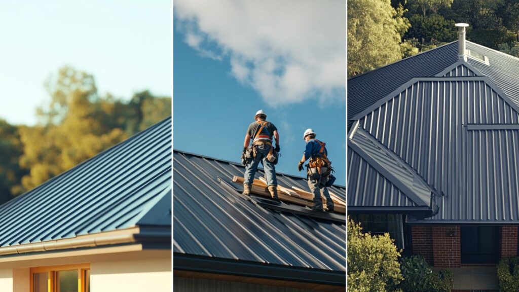 two roofers are doing a residential standing seam metal roof installation. The standing seam metal roof is clean and properly installed. The roofer is wearing the appropriate and complete safety gear. a standing seam metal roof installed in a house roof, wide shot including the whole house. catch that the roof installed is new.