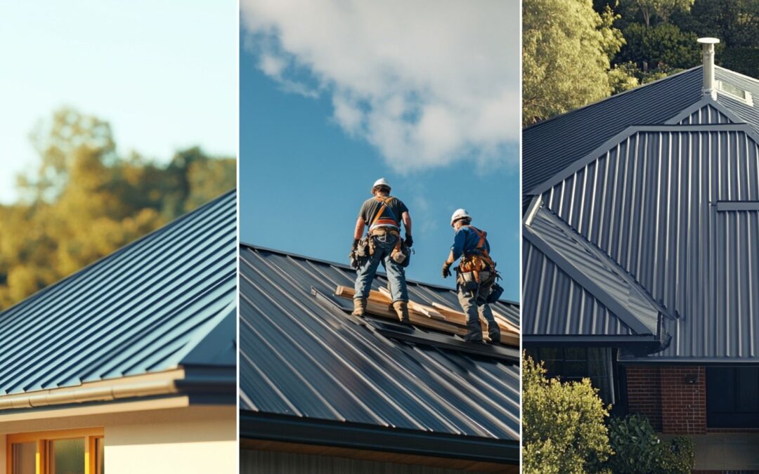 two roofers are doing a residential standing seam metal roof installation. The standing seam metal roof is clean and properly installed. The roofer is wearing the appropriate and complete safety gear. a standing seam metal roof installed in a house roof, wide shot including the whole house. catch that the roof installed is new.