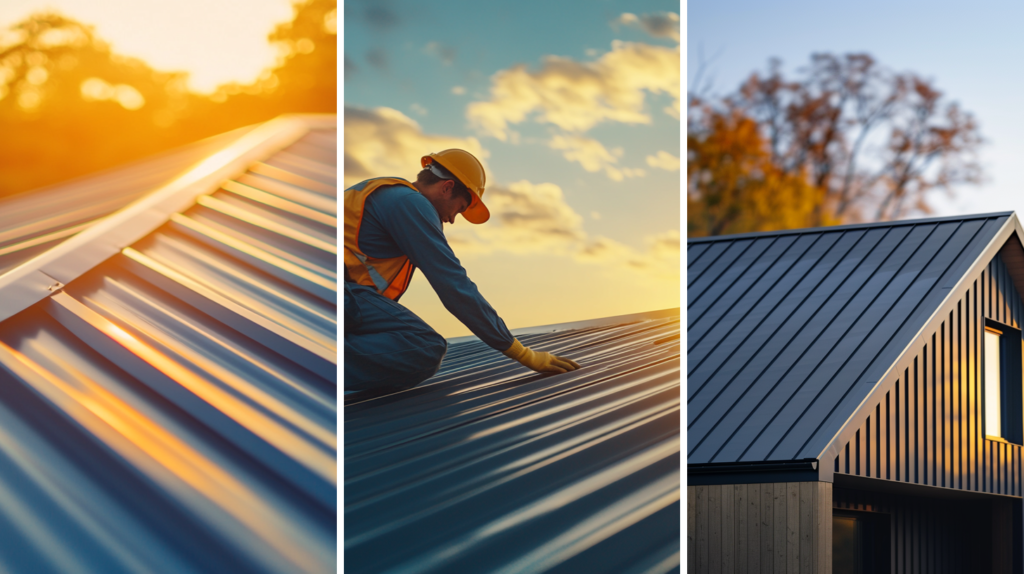 A durable metal roof, a professional roofer properly installing a metal roof to ensure durability, and a residential house with a durable metal roofing.