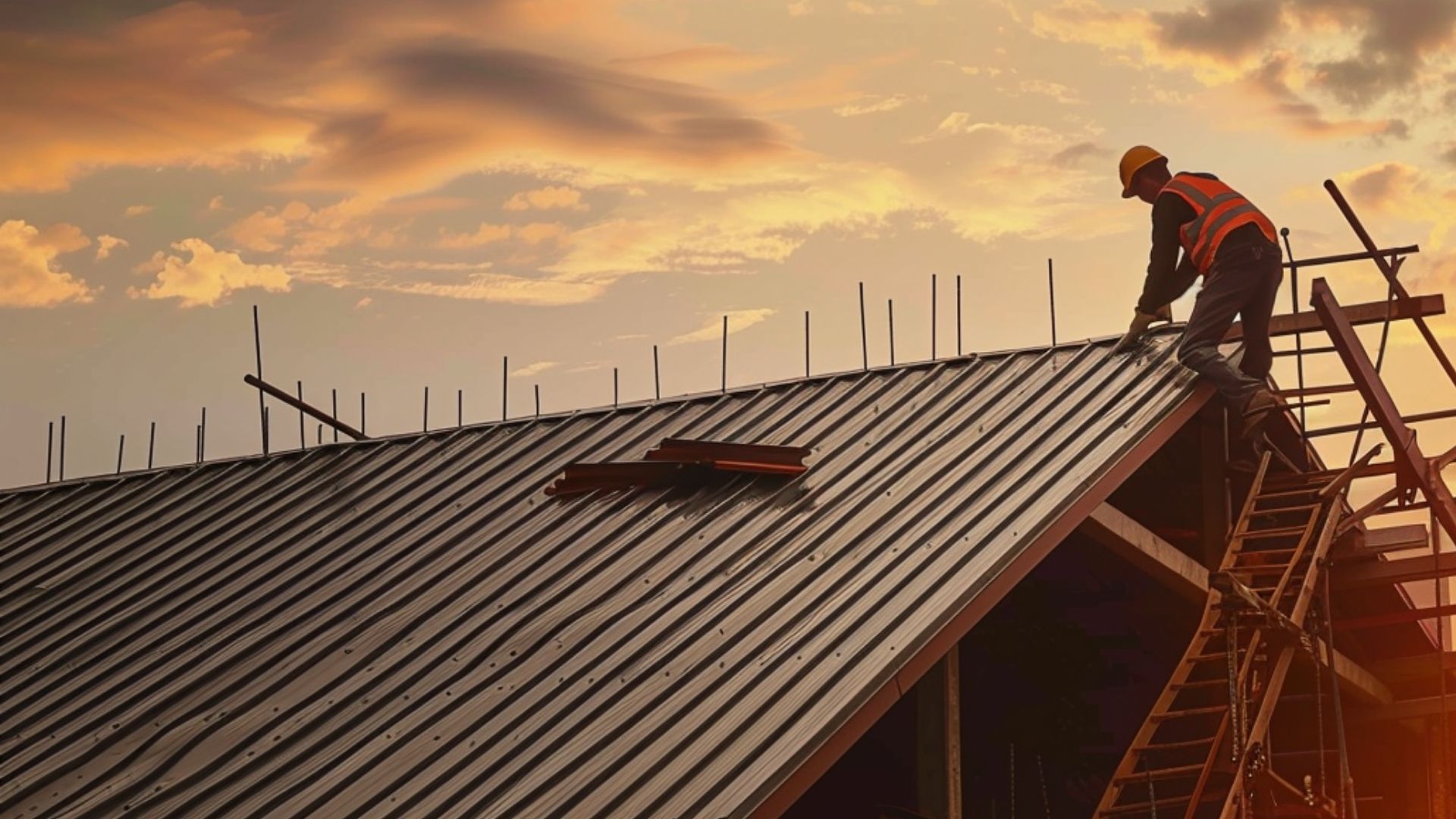 a standing seam metal roof installed in a house roof, catch that the roof installed is new. A roofer wearing PPE is on a ladder next to the house working on the roof.