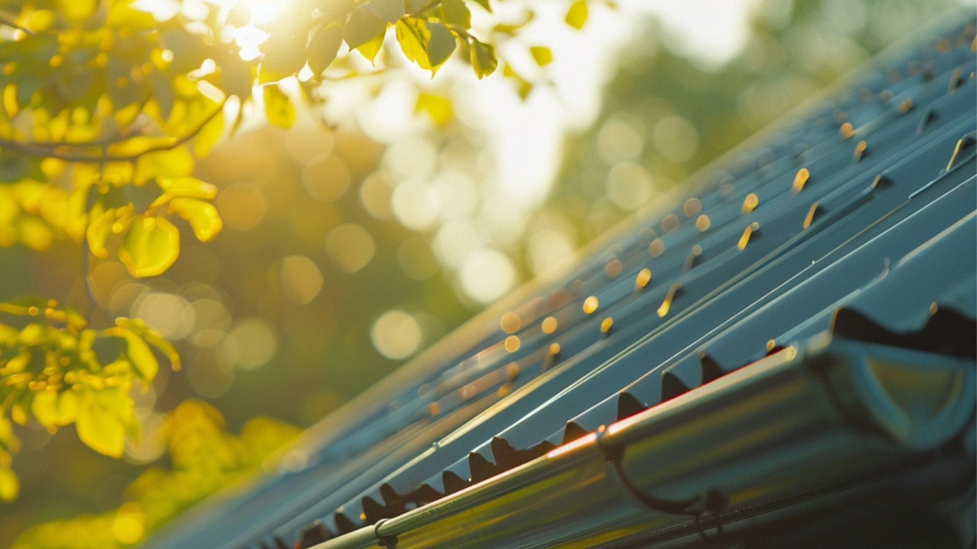 A photo of a close-up shot of the metal roof of a simple house. Focus on the roof and correct the gutter.