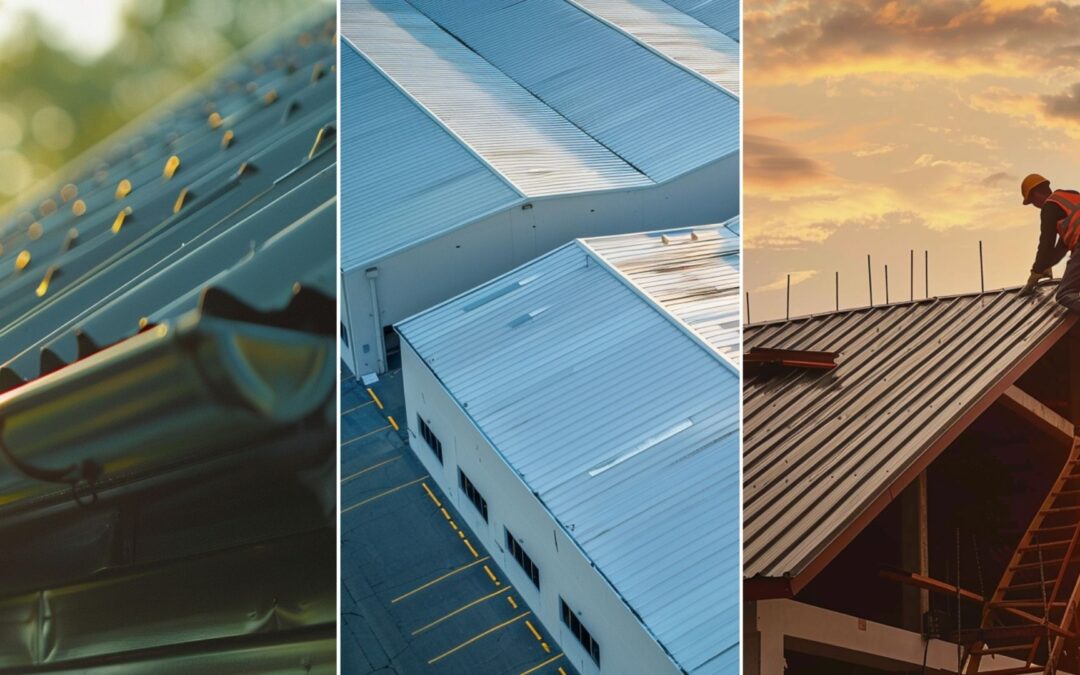 A photo of a close-up shot of the metal roof of a simple house. Focus on the roof and correct the gutter. a standing seam metal roof installed in a house roof, catch that the roof installed is new. A roofer wearing PPE is on a ladder next to the house working on the roof. An image of a commercial roofing warehouse building in San Antonio, Texas.