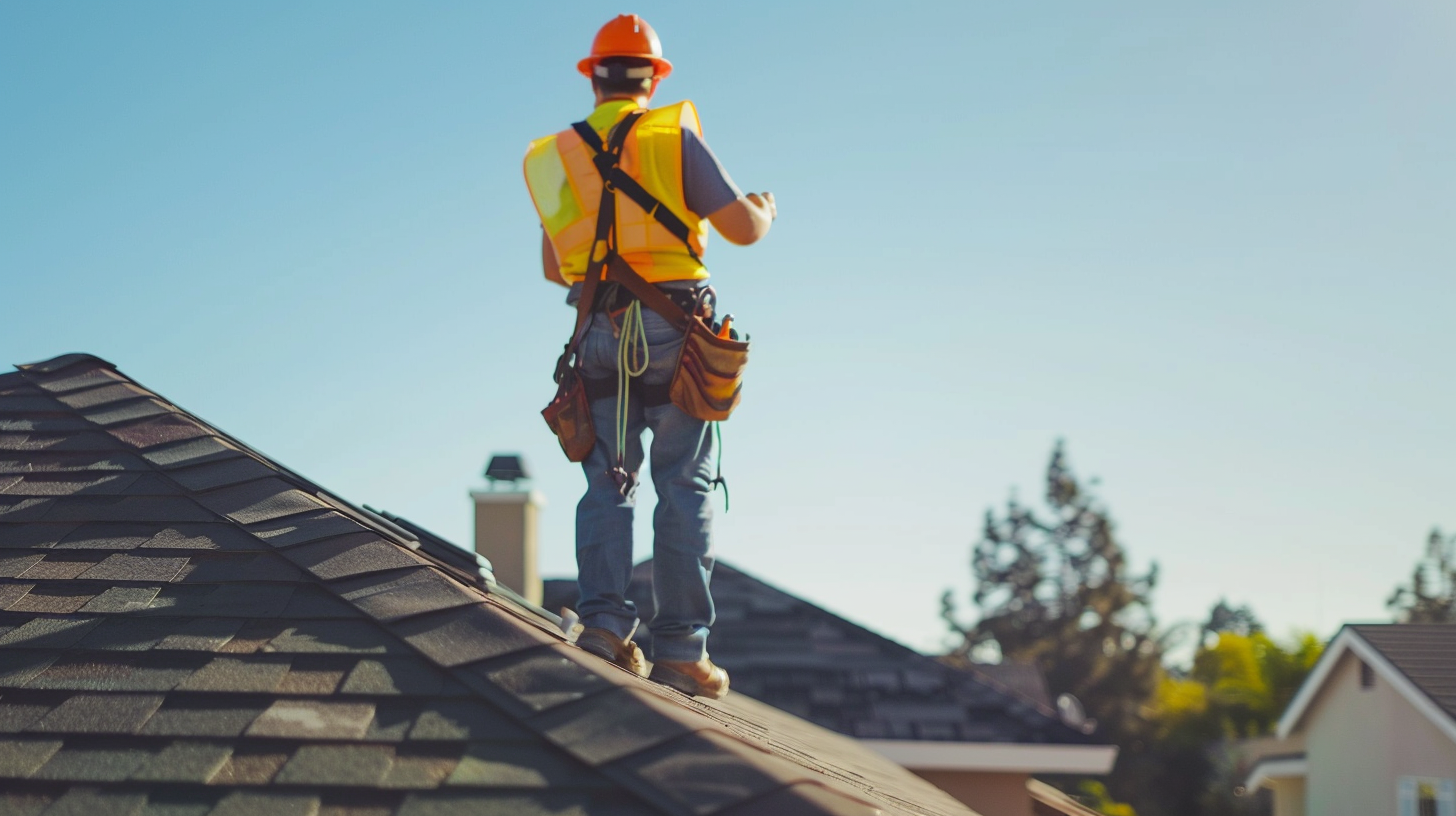 A roof contractor wearing safety gears is standing on top of the house roof, taking photos of the roof during roof inspections.