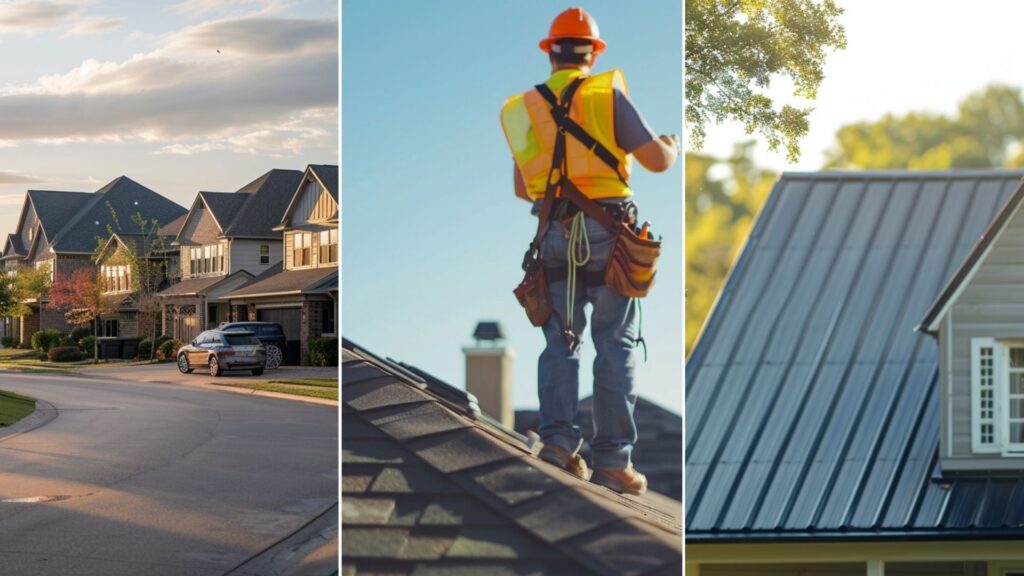 suburbian single family houses, texas region, residential neighborhood, view from the street. image of a residential house with metal roofing A roof contractor wearing safety gears is standing on top of the house roof, taking photos of the roof during roof inspections.