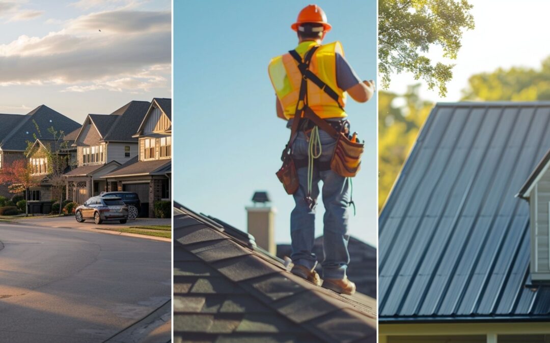 suburbian single family houses, texas region, residential neighborhood, view from the street. image of a residential house with metal roofing A roof contractor wearing safety gears is standing on top of the house roof, taking photos of the roof during roof inspections.