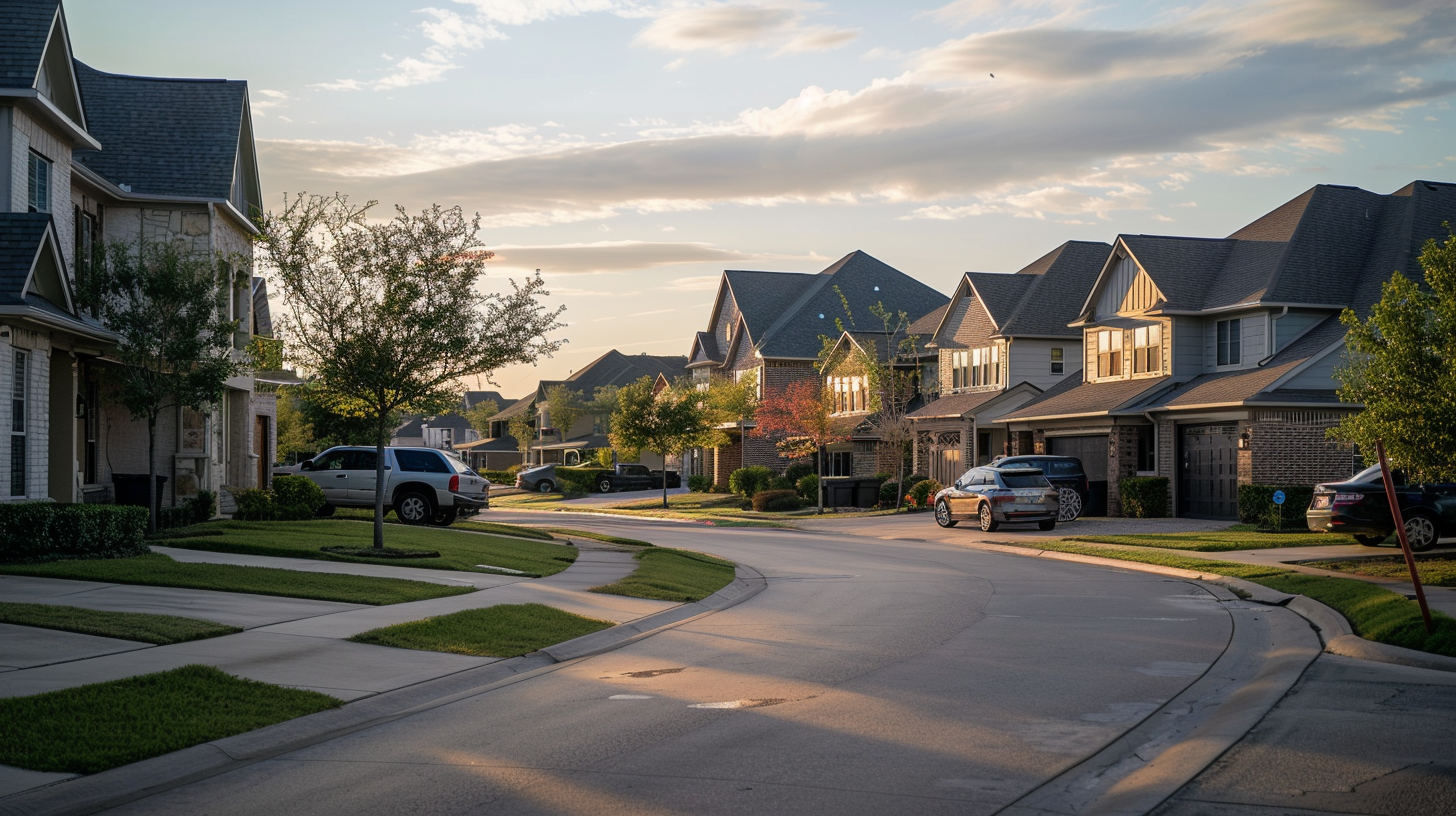 suburbian single family houses, texas region, residential neighborhood, view from the street.