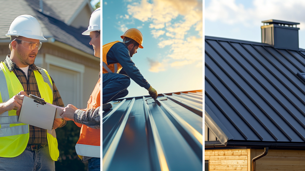 Two expert and experienced roof contractors, a skilled roofer working on a metal roof, and a residential house with metal roofing.