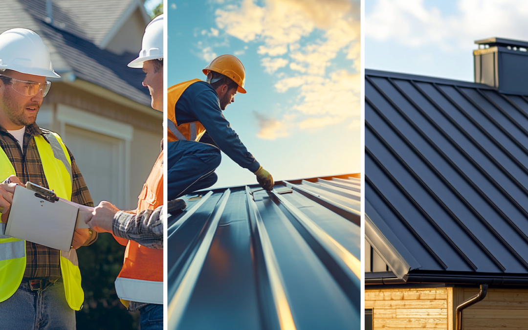 Two expert and experienced roof contractors, a skilled roofer working on a metal roof, and a residential house with metal roofing.