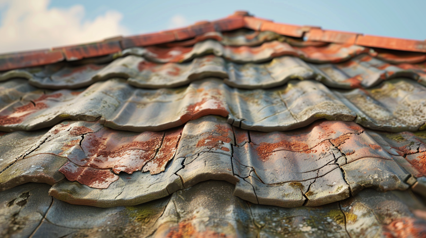 An illustration of a house with a visibly sagging roof. The roof shingles or tiles are shown with noticeable cracks and gaps, indicating shrinkage.