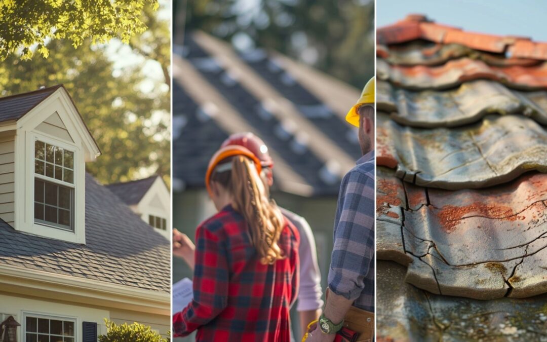 A group of 2 contractors and a client inspecting the newly installed asphalt shingle roof on top of the roofing project with their backs turned, they are wearing safety hat and drawing plan. they are talking to each other. An illustration of a house with a visibly sagging roof. The roof shingles or tiles are shown with noticeable cracks and gaps, indicating shrinkage. image of a house with off-white painted walls and asphalt shingle roofs, emphasizing a 'cool roof' design.