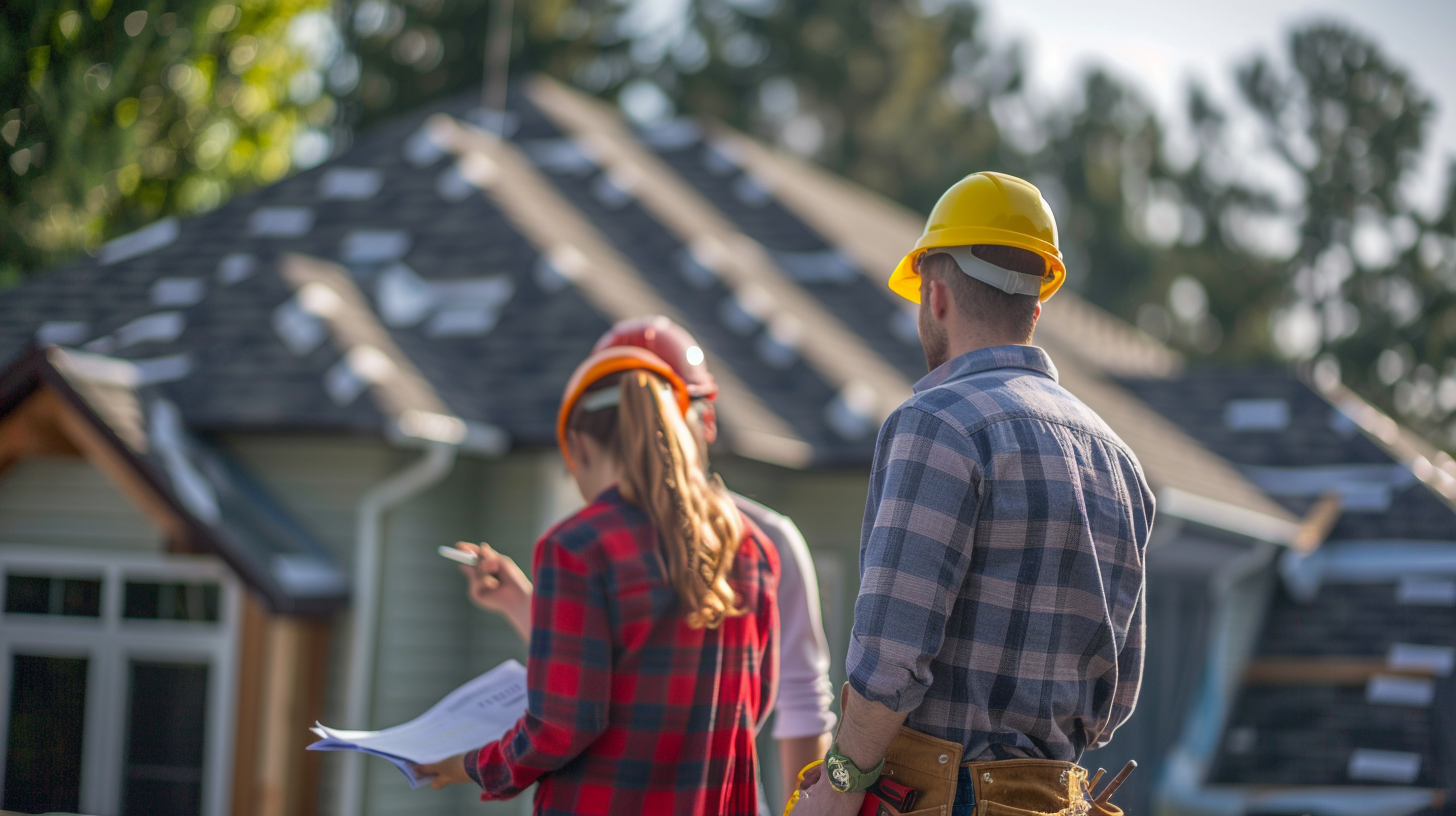 A group of 2 contractors and a client inspecting the newly installed asphalt shingle roof on top of the roofing project with their backs turned, they are wearing safety hat and drawing plan. they are talking to each other.