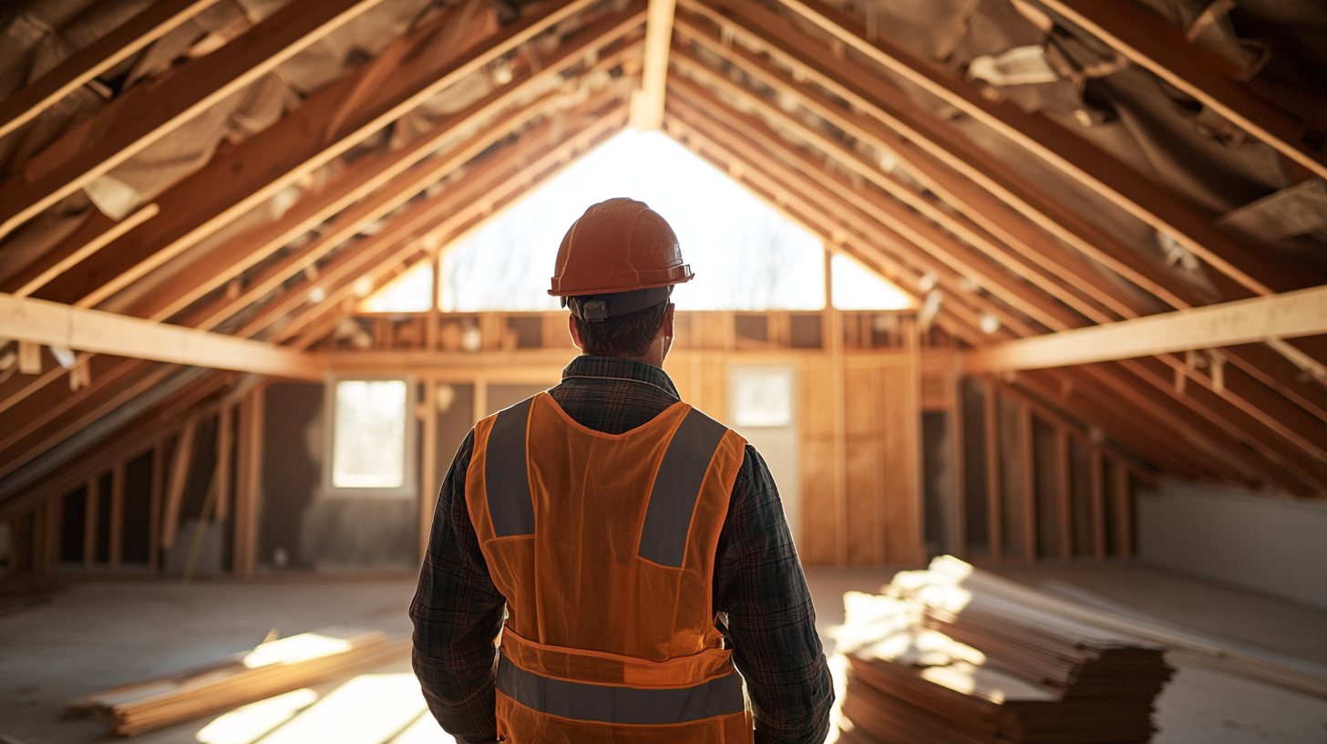 A roof contractor wearing safety gears is looking at the construction of a room