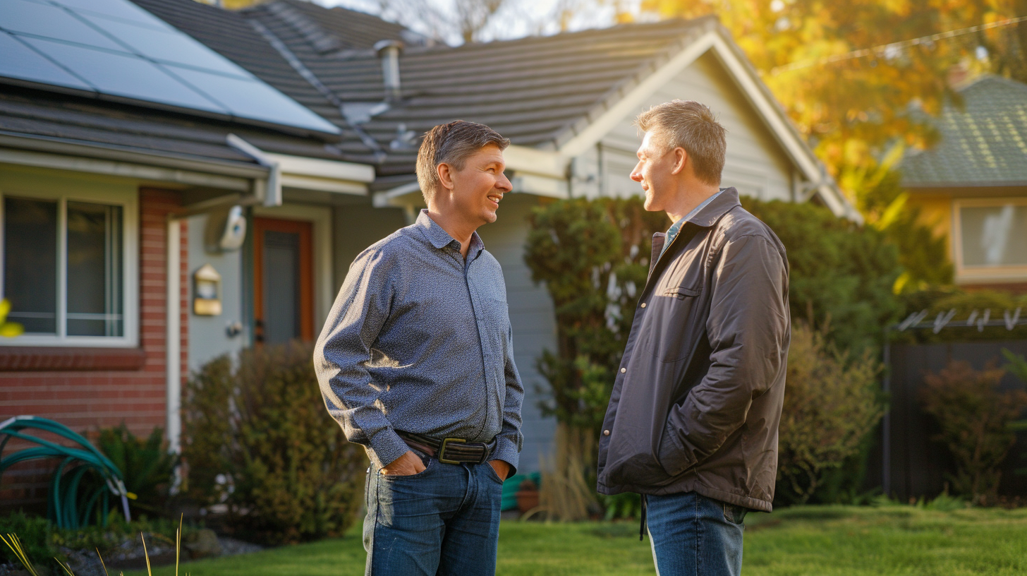 A reliable roofing contractor is talking to the homeowner standing on the lawn in front of the house that has solar tiles on the roof. The atmosphere includes collaboration and consultation, highlighting the home improvement process and a friendly yet focused exchange between the two characters.