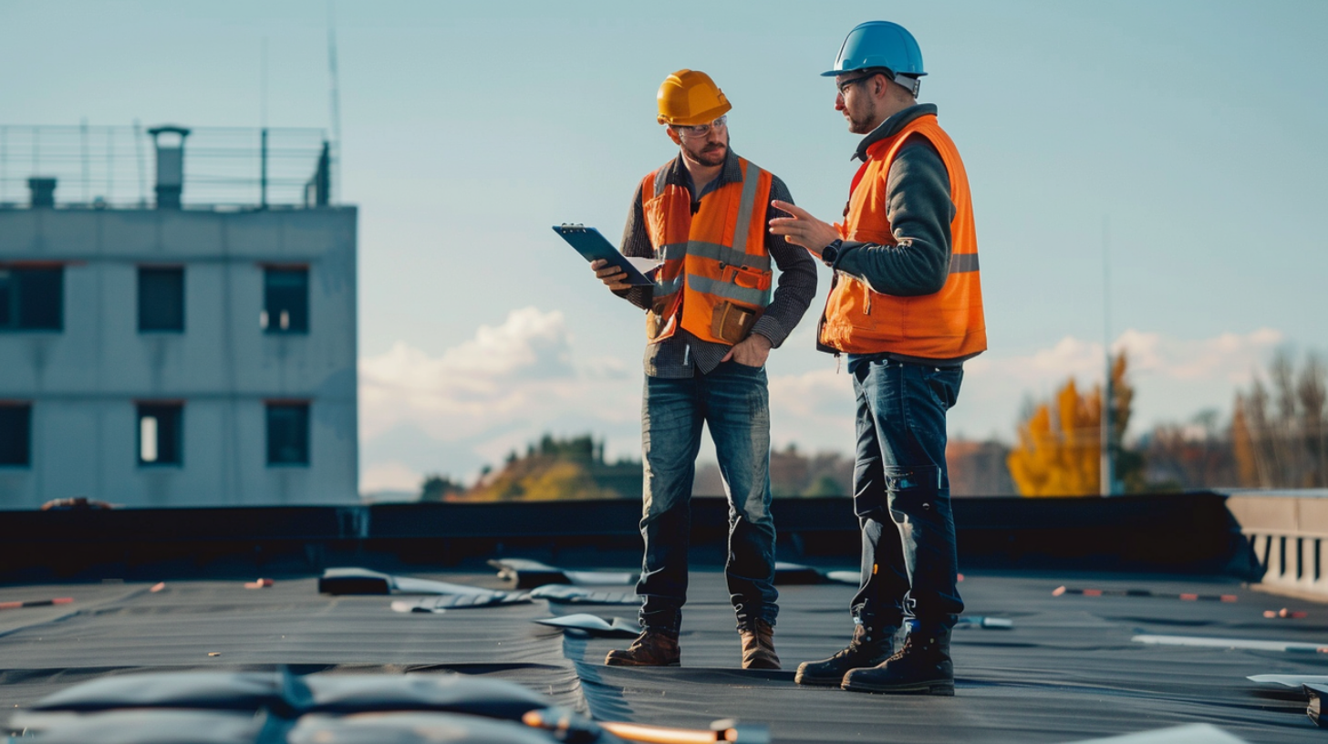 Two qualified inspectors conducting an inspection on a flat roof.