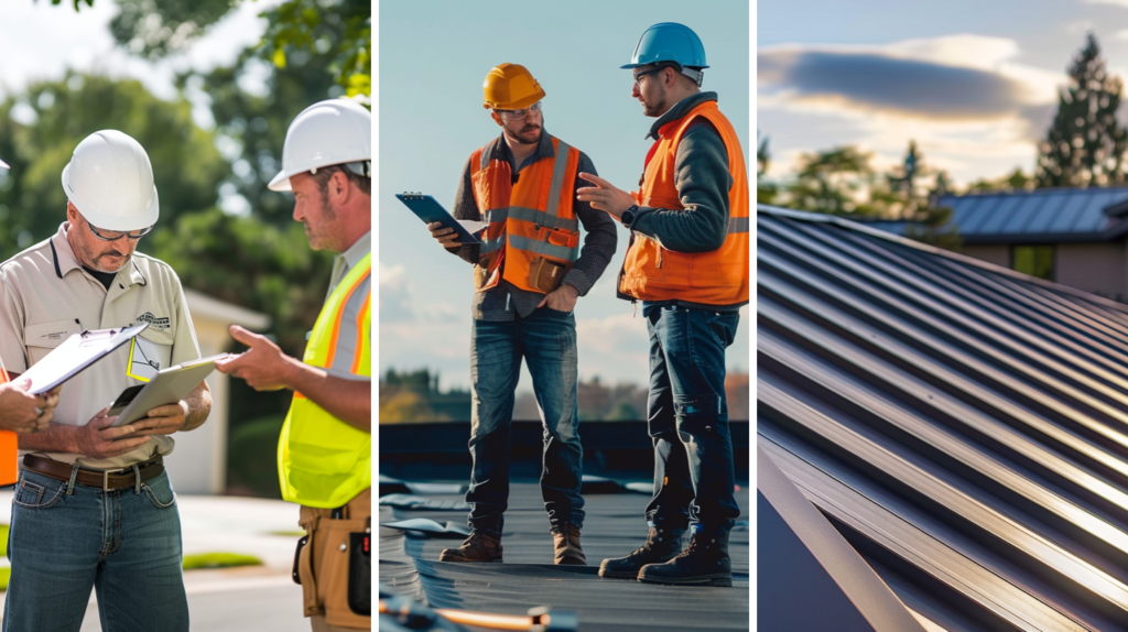 Roof inspectors discussing their inspection findings and potential recommendations, two qualified inspectors conducting an inspection on a flat roof, and a standing seam metal roof beautifully installed in a house.