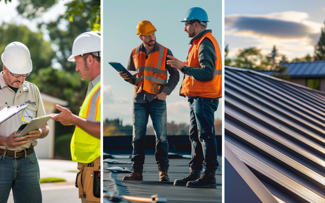 Roof inspectors discussing their inspection findings and potential recommendations, two qualified inspectors conducting an inspection on a flat roof, and a standing seam metal roof beautifully installed in a house.