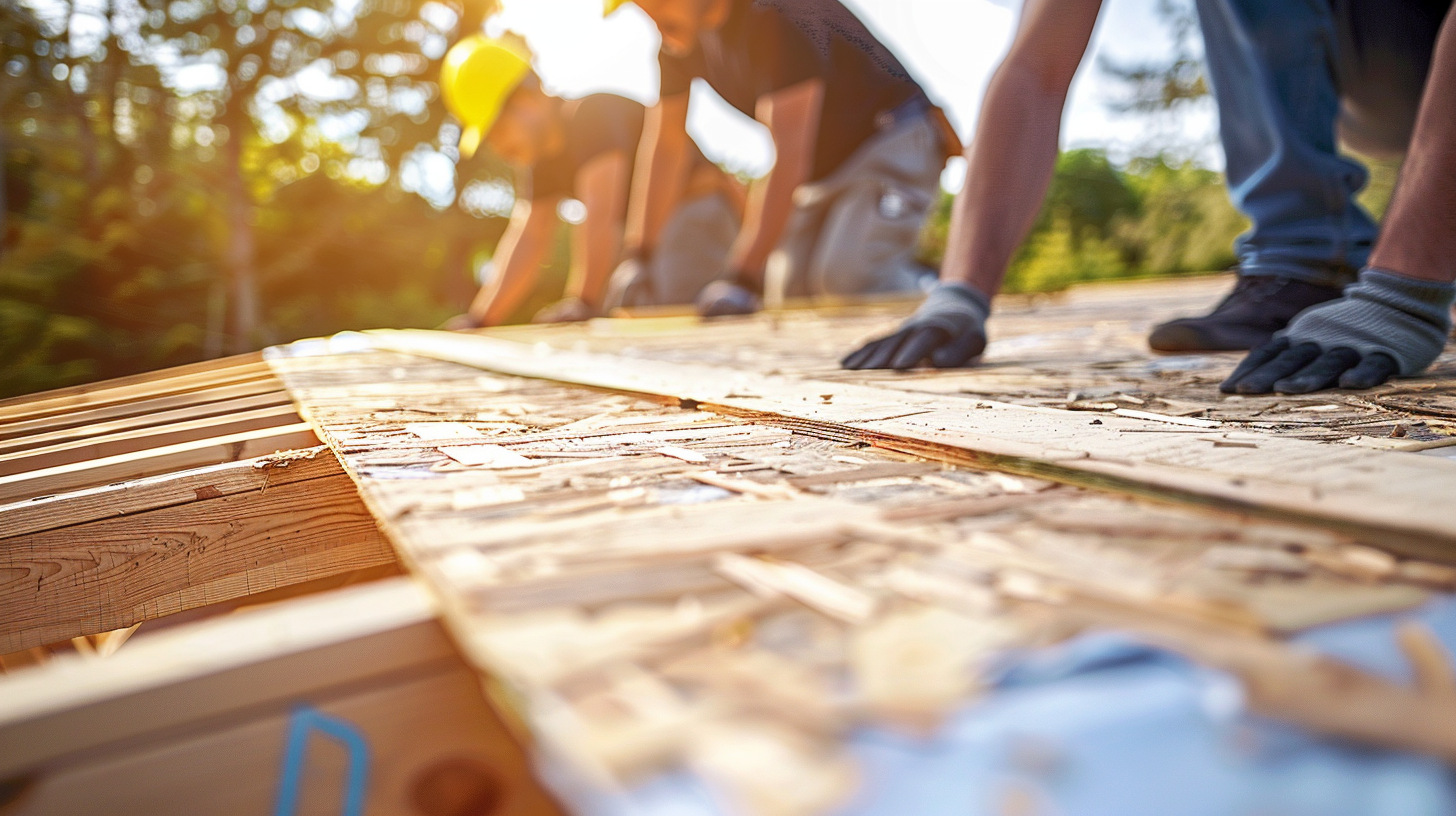 An image of a team of roofing contractors installing roof decking, focusing the shot on the properly installed decking.