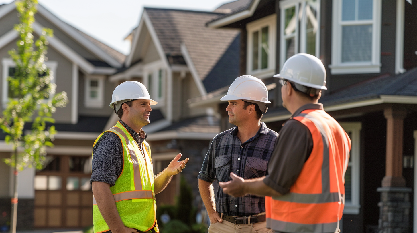 three roof contractors conducting a thorough inspection of a residential roof installation project.