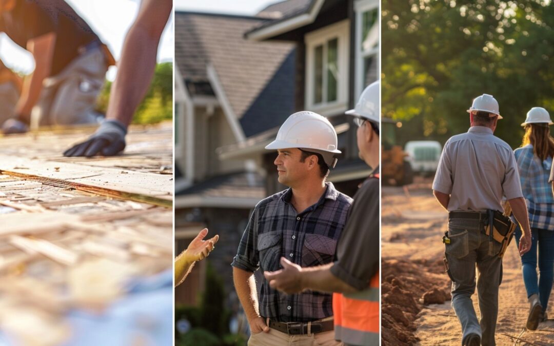 An image of a team of roofing contractors installing roof decking, focusing the shot on the properly installed decking. three roof contractors conducting a thorough inspection of a residential roof installation project. A group of 2 contractors and one designer walked through the footing project with their backs turned, focusing on the foundation repair. they are wearing safety hat and drawing plan.